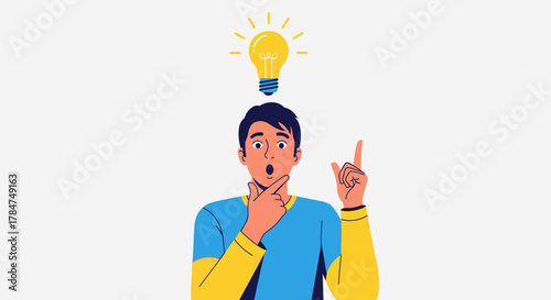 A man with a surprised expression, pointing upwards with a lightbulb above his head, indicating an idea.