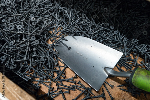Garden tools and hardware scattered on a wooden surface during a renovation project in a home workshop with screws and a trowel visible