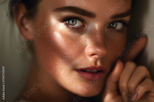 Close up portrait of a pretty woman with freckles and light green eyes