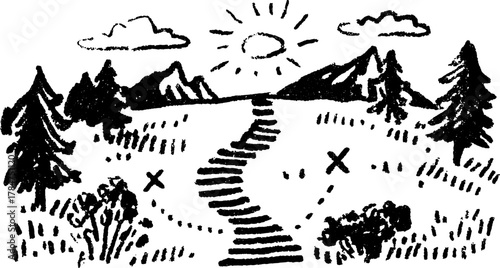 Landscape with a path leading to mountains. Sun and clouds above trees create a simple black and white vector illustration.