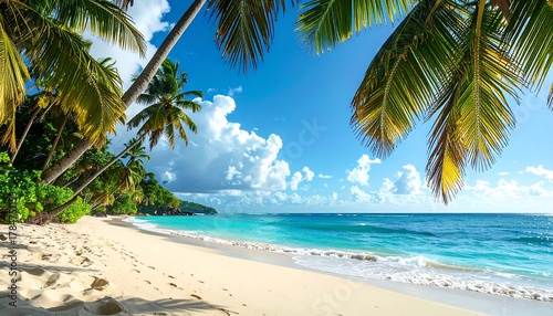 Fototapeta Naklejka Na Ścianę i Meble -  Tropical beach view with palm trees, white sand, and turquoise water under a bright blue sky with clouds