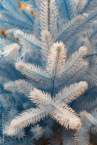 Blue artificial tree branches create a unique decoration for festive celebrations during the winter holiday season