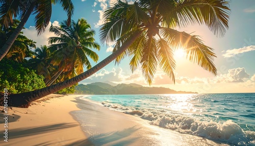 Fototapeta Naklejka Na Ścianę i Meble -  Tropical beach with leaning palms, turquoise water, white sand, sun shining through leaves under a bright, cloudy sky