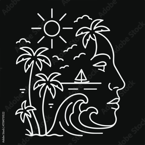 Profile Beach Scene Double Exposure Vector EPS 10 T-Shirt Design
Head Profile Beach Silhouette Palm Trees Vector EPS 10 Merchandise
Line Art Profile with Beach Landscape Vector EPS 10 Poster Design
Cr