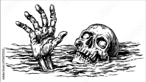 Vintage skull and hand emerging from water. Detailed line art vector illustration perfect for horror-themed graphic designs.