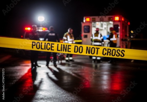 Emergency response team at a nighttime scene with police line in view