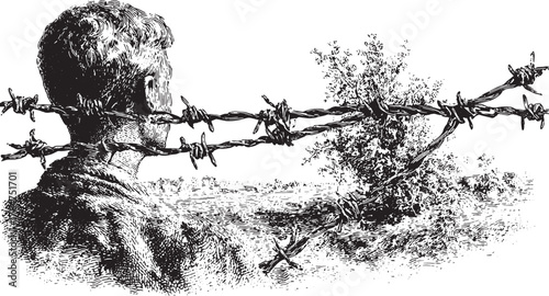 Barbed wire and a man's head in black and white with a field in the background. Vintage vector illustration with detailed line art.