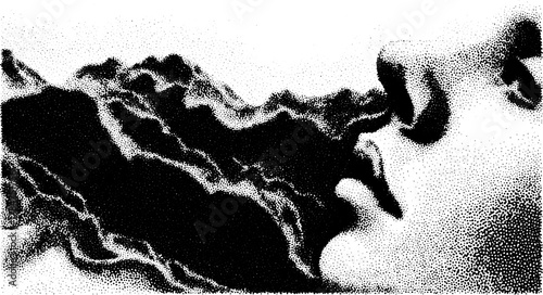 Engravings and prints featuring a silhouette of mountains. This black-and-white vector illustration presents a vintage style with detailed stipple patterns.