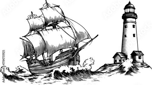 Vintage ship and lighthouse in a black and white vector illustration. This classic nautical set captures coastal scenery and maritime themes.