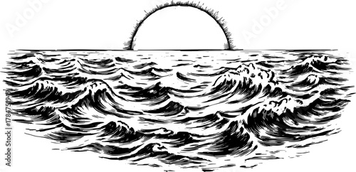 Vintage engraving of a sun setting over waves. This detailed line art illustration features a scenic natural landscape in black and white vector style.