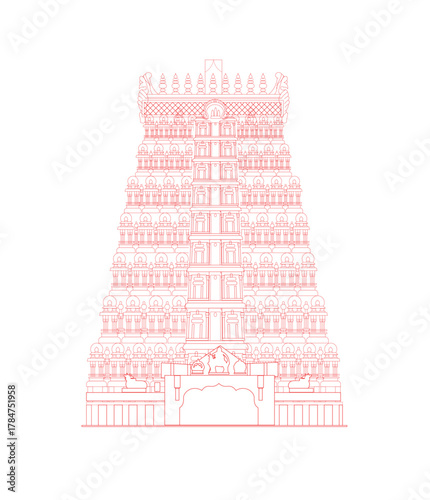 Detailed line art illustration of Rameshwaram temple architecture showcasing Indian heritage design