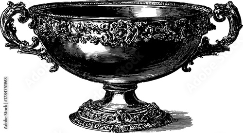 Vintage cup illustration with ornate floral design. Detailed engraving in a classic style, shown in black and white vector format.