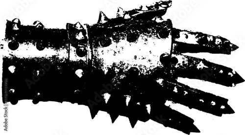 Vintage spiked glove illustration in black and white. An engraved design showcasing historical weaponry in a detailed vector format.