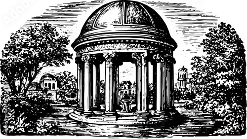 Classic temple in a scenic garden. Black and white illustration with ornate pillars and dome, surrounding trees and a fountain, set as a vector.