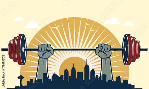 A bold and inspiring illustration showing strong hands lifting a heavy barbell above a city skyline with the rising sun in the background — symbolizing strength, determination, and progress.