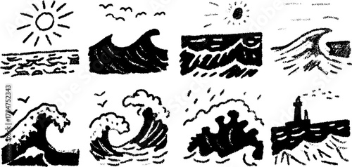 Ocean waves and sun silhouettes. Black doodle style line art illustration featuring a simple nature concept. Vector art set.