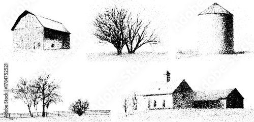 Barn, tree, silo, and church in vintage engraving style. Black line drawing vector illustration of a rural landscape set showcasing countryside aesthetics.