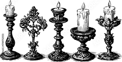 Vintage candlestick set. Detailed illustration of ornate candle holders in various designs, perfect for home decor vector style.