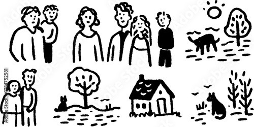 Group of people interacting in a simple outdoor setting. Nature scene includes trees, a house, and pets in this vector illustration set.