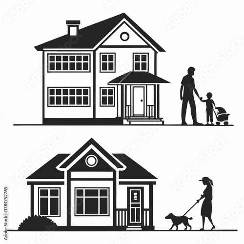 Silhouettes of two houses with families walking outside