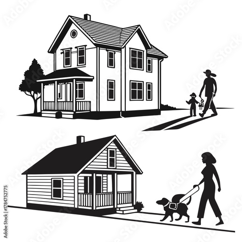 Two houses with people and pets in silhouette