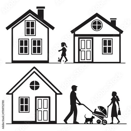 Diverse families and individuals living in suburban homes with pets and children