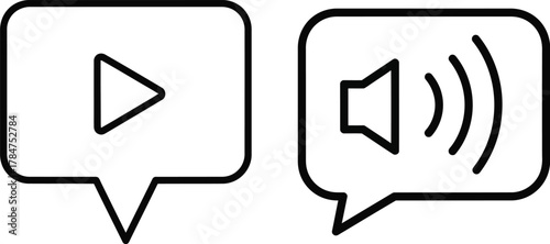 Play and audio volume icons in speech bubbles, digital media