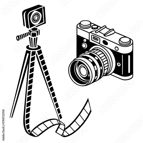 Vintage camera and tripod with film reel illustration