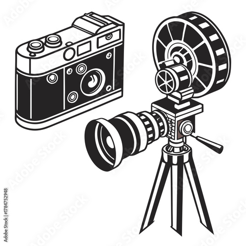 Retro film camera and movie camera on tripod illustration