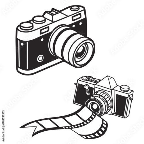 Vintage and modern cameras with film strip illustration