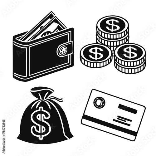 Money and finance icons wallet coins bag and credit card