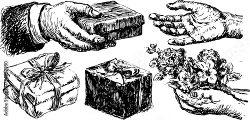 Hands holding gifts and flowers in vintage style. Simple black outline drawing in a set, ideal for vector illustration.