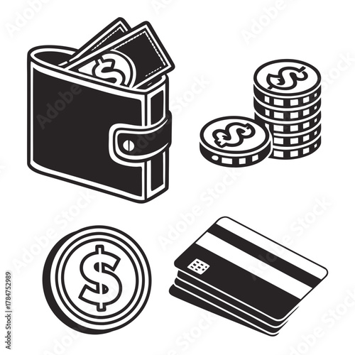 Set of black and white icons representing money and payment methods
