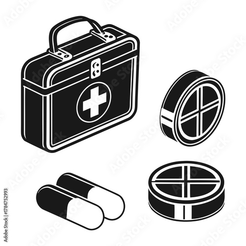 First aid kit and medical pills isolated on white background