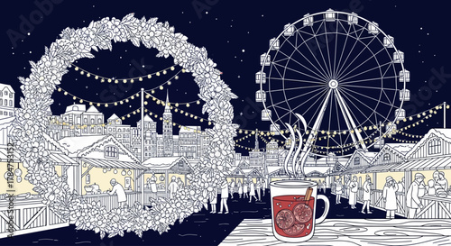 Elegant Winter Market Vector Elements with festive lights wreath and ferris wheel for city branding