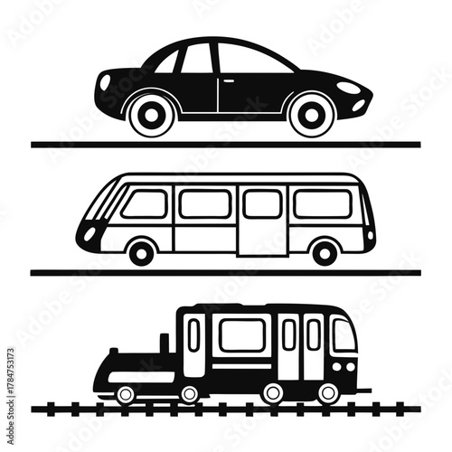 Set of black and white icons representing different modes of transportation