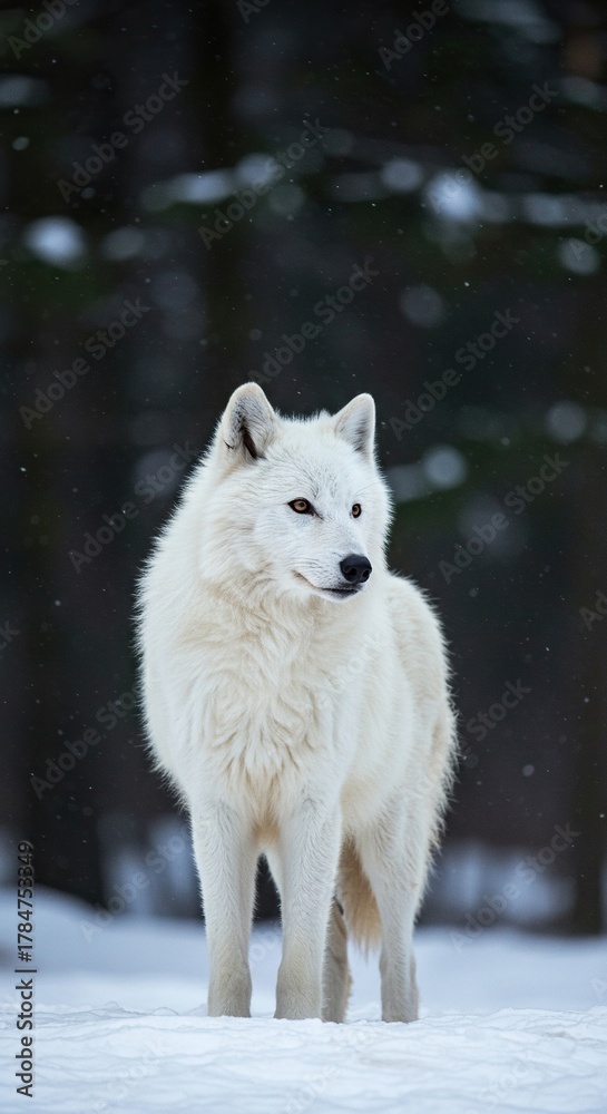 Obraz premium A majestic white wolf stands alert in a pristine winter landscape, its thick fur blending seamlessly. Wild beauty and untamed spirit ,wilderness ,solitary ,serene