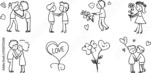 Silhouette hand-drawn illustration depicting couples expressing love. Simple black outline art featuring hearts and flowers in a vector set.