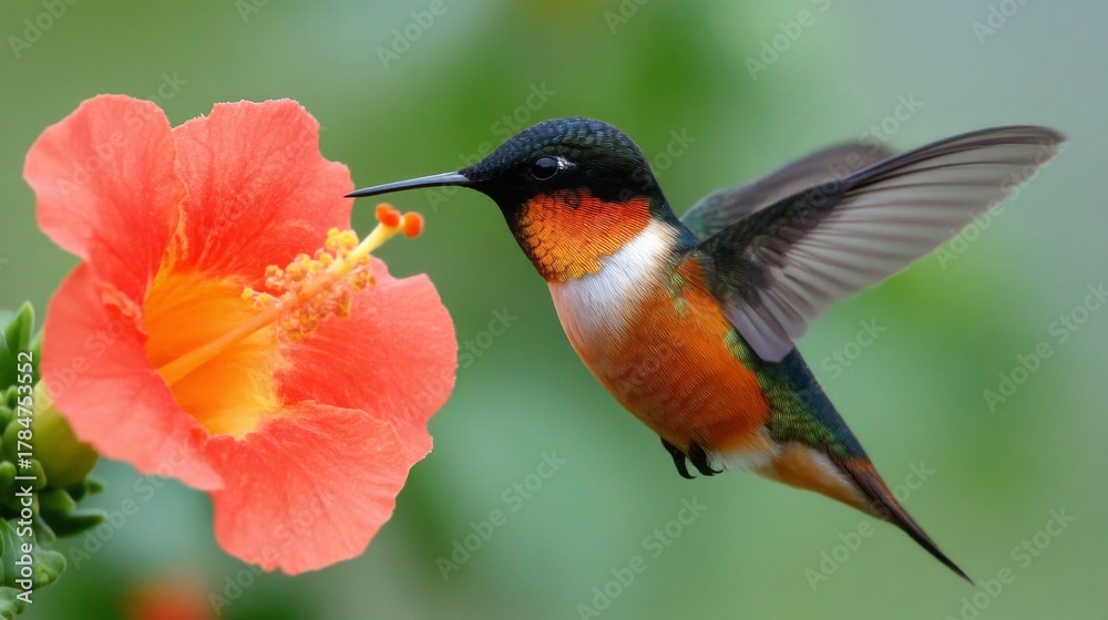 Fototapeta premium A small hummingbird hovers in mid-air, its wings a blur as it drinks sweet nectar from a bright orange flower. The scene captures the beauty of nature in full bloom, filled with life and color
