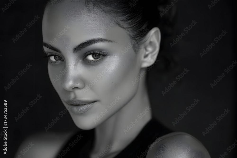 Fototapeta premium Beautiful woman with captivating gaze in black and white portrait setting