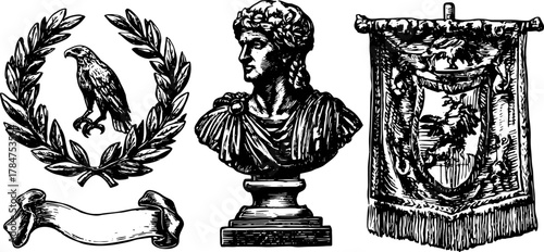 Bust with eagle and laurel banner. Detailed vector illustration showcasing historical culture and symbolism in a classic style.
