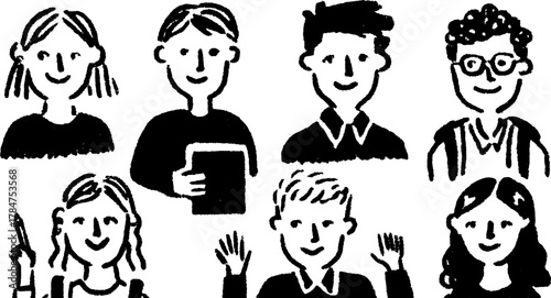 Illustration featuring a diverse set of characters. Monochrome sketch style with smiling faces expressing teamwork and collaboration, vector artwork.