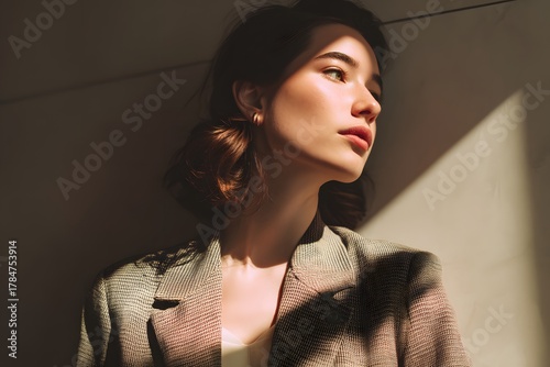 Portrait of a woman in a suit bathed in golden sunlight looking towards the light © Studicon
