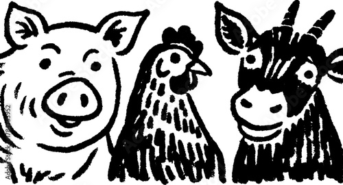 Pig, chicken, and cow illustrated in a simple sketched style. Black and white vector illustration of farm animals set.