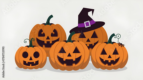 Creative highly detailed vivid style vector design of three funny Halloween pumpkins arranged in a circle on a clean white background with soft surreal shading
