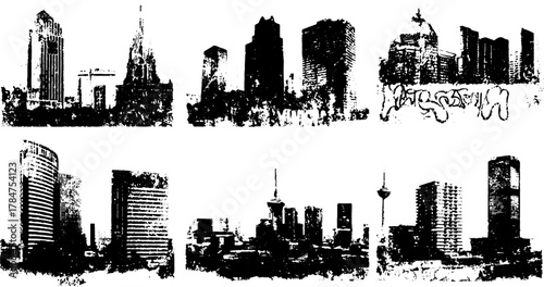 Vintage skyline of a city. Distressed outline and texture in black and white. Presented as a vector illustration set.
