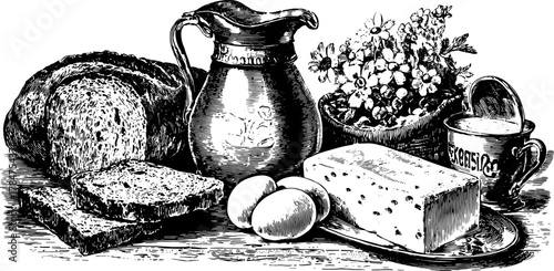 Vintage food set featuring bread, cheese, eggs, and flowers. Hand-drawn outline illustration in black vector style creating a detailed kitchen scene.
