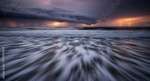 Fototapeta Naklejka Na Ścianę i Meble -  Dramatic seascape featuring lightning strikes illuminating the stormy horizon