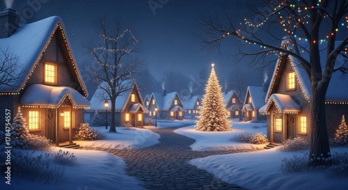 Enchanting Snow-Covered Village Illuminated by Festive Christmas Lights on a Peaceful Winter Night, Evoking Warmth and Holiday Spirit