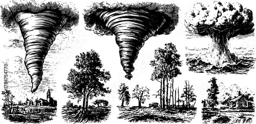 Tornado and explosion silhouettes in vintage engravings. Black outline drawings illustrate stormy weather and rural landscapes in a vector illustration set.